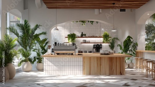 Modern cafe interior featuring a wooden espresso bar, white tiled walls, and tropical plants in ceramic pots