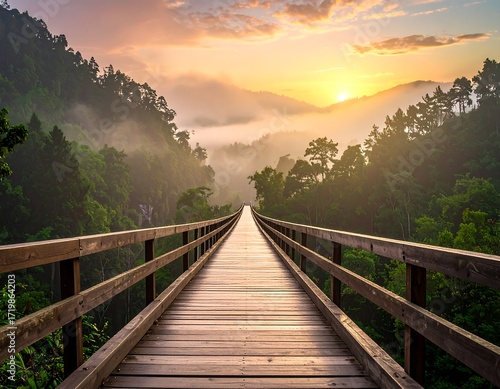 Sunrise over a wooden bridge through misty mountains