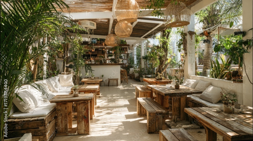 Fototapeta premium Sun-drenched cafe with whitewashed walls, reclaimed wood furniture, and tropical plants enhancing the cozy mood
