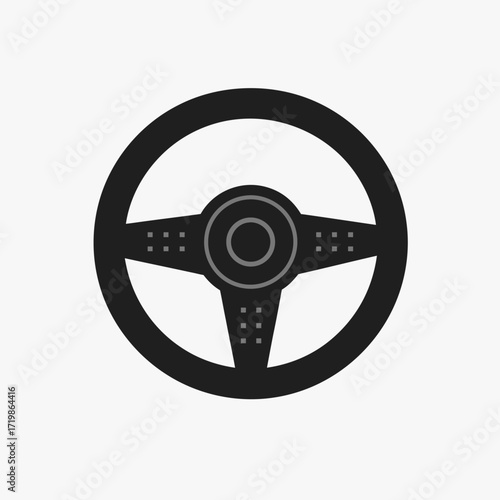 Minimalist black steering wheel icon with three spokes and central hub on light gray background
