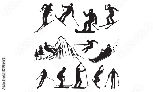 Winter Sports Icons & Skiing Silhouettes – Snowboarding, Ice Skating, and Snow Gear Vector Collection