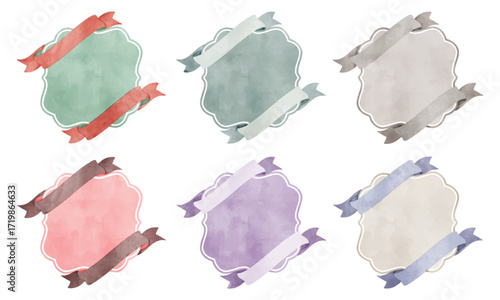 A set of hand-drawn watercolor ribbons and square frame illustrations.
