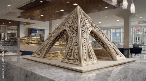 Fototapeta Naklejka Na Ścianę i Meble -  3D printed food sculpture intricate geometric design metallic countertop futuristic gastronomy technology innovation concept