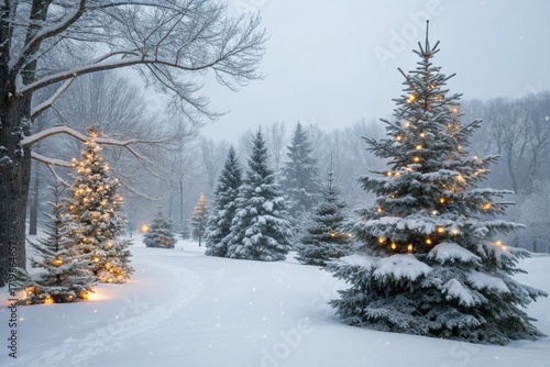 Winter background. Christmas landscape with snow and fir trees.