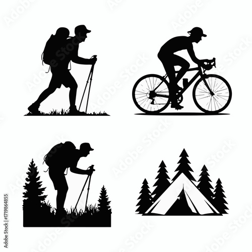 Active Pursuits Silhouette Collage Hiking, Biking & Camping in Nature's Embrace