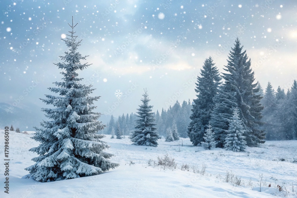 Naklejka premium Winter background. Christmas landscape with snow and fir trees.