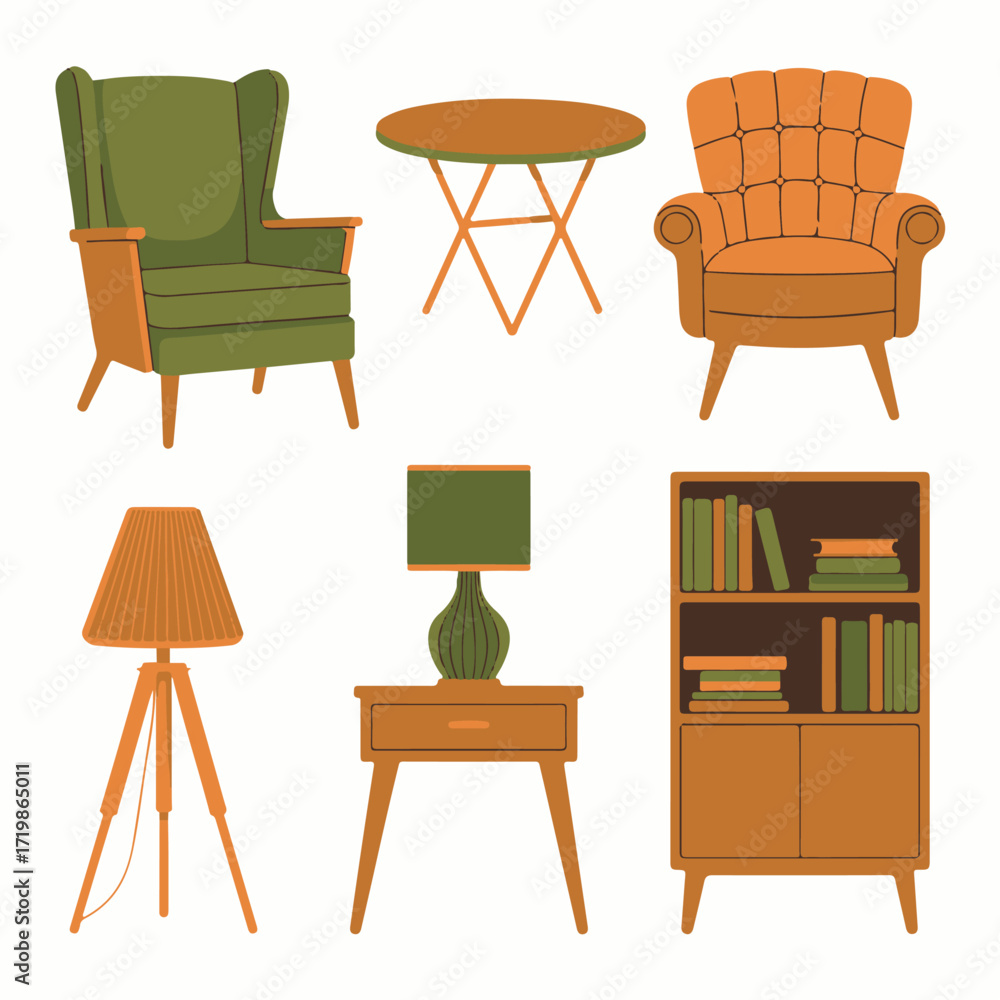 Fototapeta premium Mid-Century Modern Furniture Chairs, Tables, Lamps & Bookcase Illustration