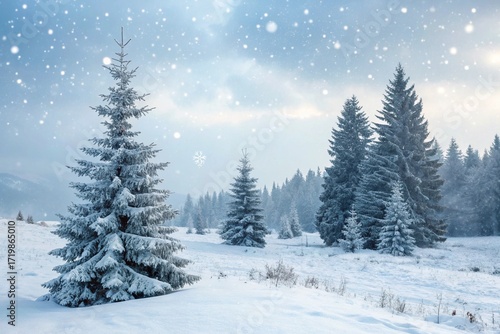 Winter background. Christmas landscape with snow and fir trees.