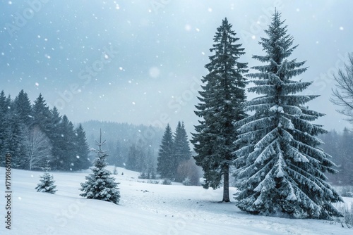 Winter background. Christmas landscape with snow and fir trees.