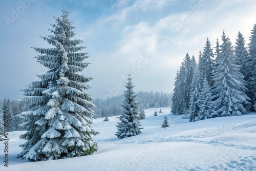 Winter background. Christmas landscape with snow and fir trees.