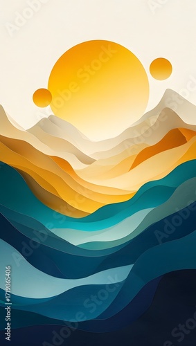 Abstract landscape with celestial bodies and layered mountains in pastel colors 90