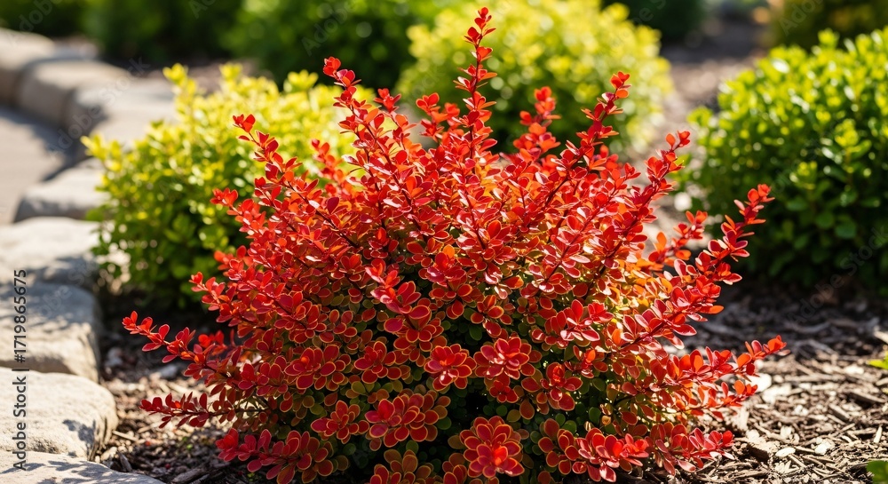 Naklejka premium Admiration Barberry Shrub in a Landscaped Garden, Showing Its Vibrant Red Leaves in Sunlight