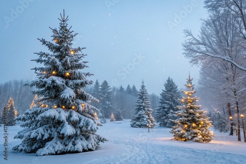 Winter background. Christmas landscape with snow and fir trees.