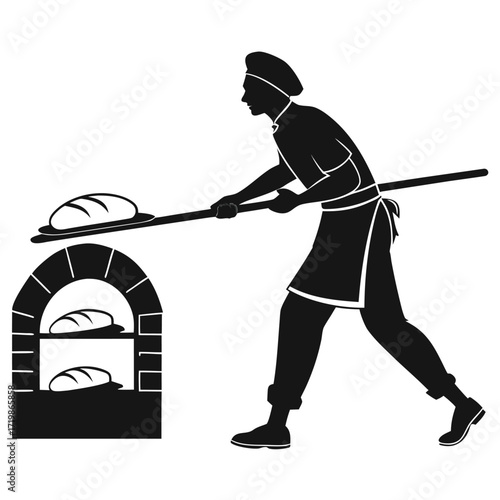Baker pulling bread from oven silhouette