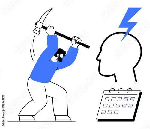 Individual swinging pickaxe toward ideas, head with lightning bolt for inspiration, calendar symbolizing planning. Ideal for creativity, innovation, strategy, productivity, brainstorming, planning