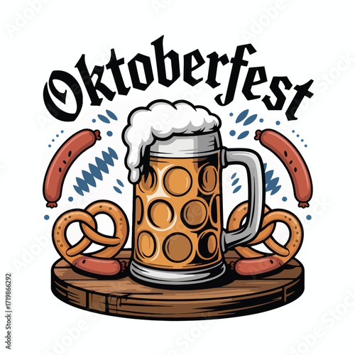 Oktoberfest beer mug with pretzels, sausages and text