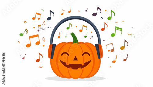 Cheerful Halloween pumpkin character wearing headphones, happily enjoying festive music with musical notes floating around, a vibrant holiday sound illustration