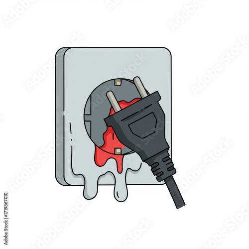 Electrical outlet with black plug and red liquid dripping down  
