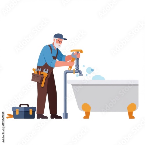 Elderly plumber fixing bathtub faucet with toolbox in home bathroom  
