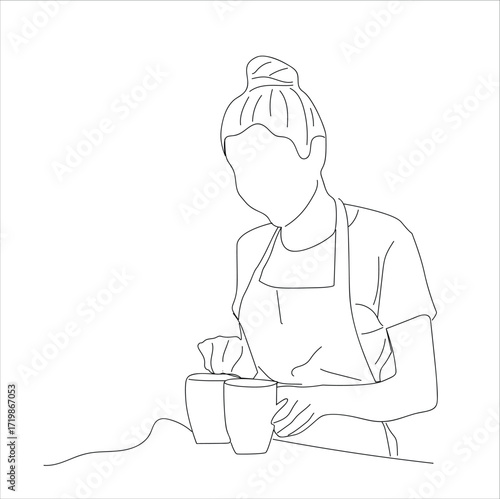 barista making coffee.female barista.one line drawing of female barista making coffee.