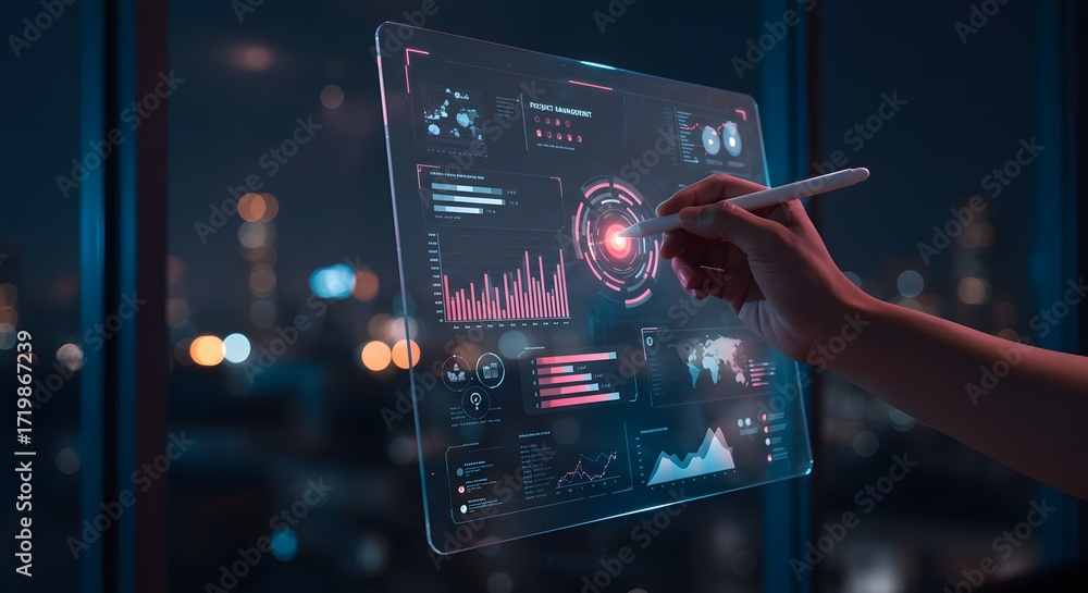 Fototapeta premium Futuristic Holographic Tablet Displaying Financial Data and Analytics