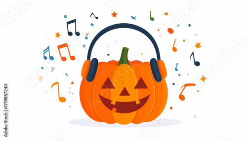 Spooky Tunes A Festive Halloween Pumpkin with Headphones and Musical Notes