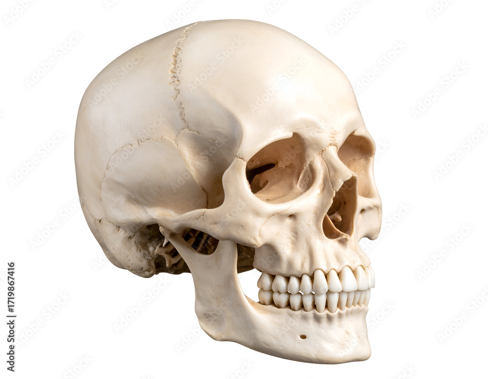 Naklejka premium A detailed anatomical representation of a human skull showcasing its intricate structure and features.