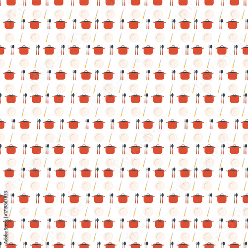 Red pots and plates pattern for kitchen decor and culinary themes
