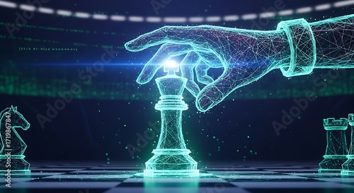 Dynamic AI hand guides digital king on chessboard, symbolizing strategic tech innovation and future success.