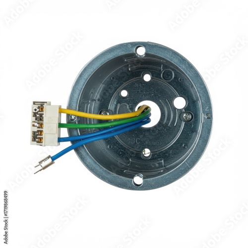 Electrical junction box with colored wires and connectors on white background  