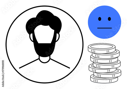 Black outlined male portrait, neutral blue emoticon, stack of coins. Ideal for identity, finance, emotions, decision-making, personal branding investments financial well-being. Simple flat metaphor