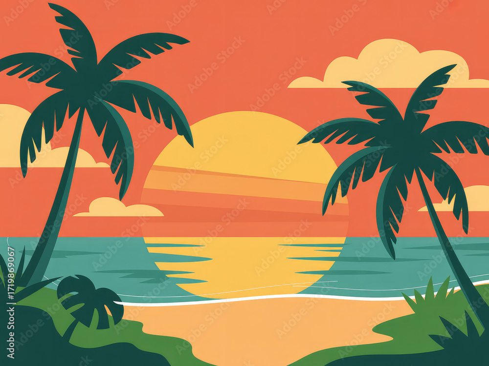 Obraz premium Tropical sunset beach with palm trees, ocean waves and orange sky, summer holiday seascape illustration, relaxing tropical paradise landscape for travel, vacation and nature background