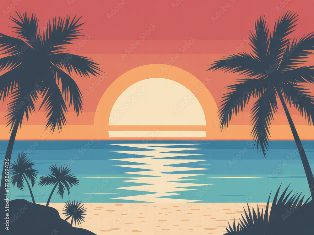 Fototapeta premium Tropical sunset beach with palm trees, ocean waves and orange sky, summer holiday seascape illustration, relaxing tropical paradise landscape for travel, vacation and nature background