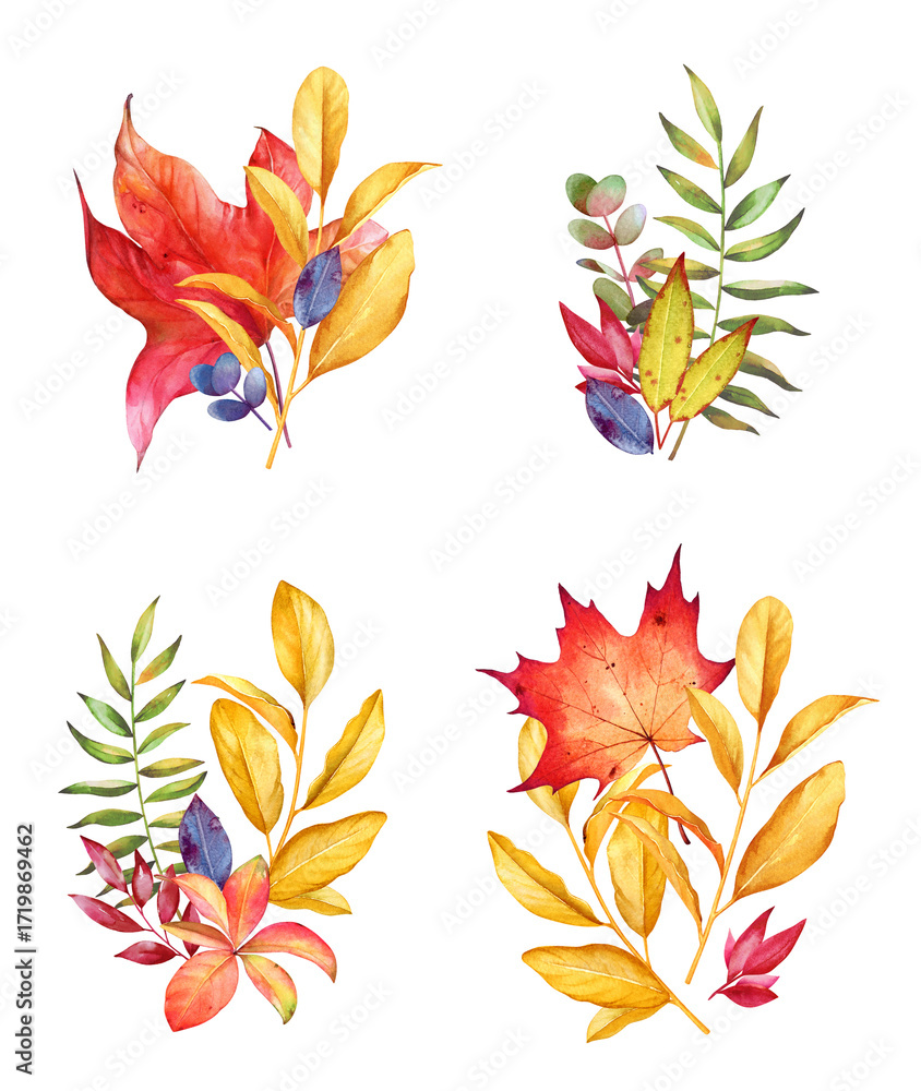 Fototapeta premium Watercolor hand drawn bouquets with colorful autumn leaves isolated on white background