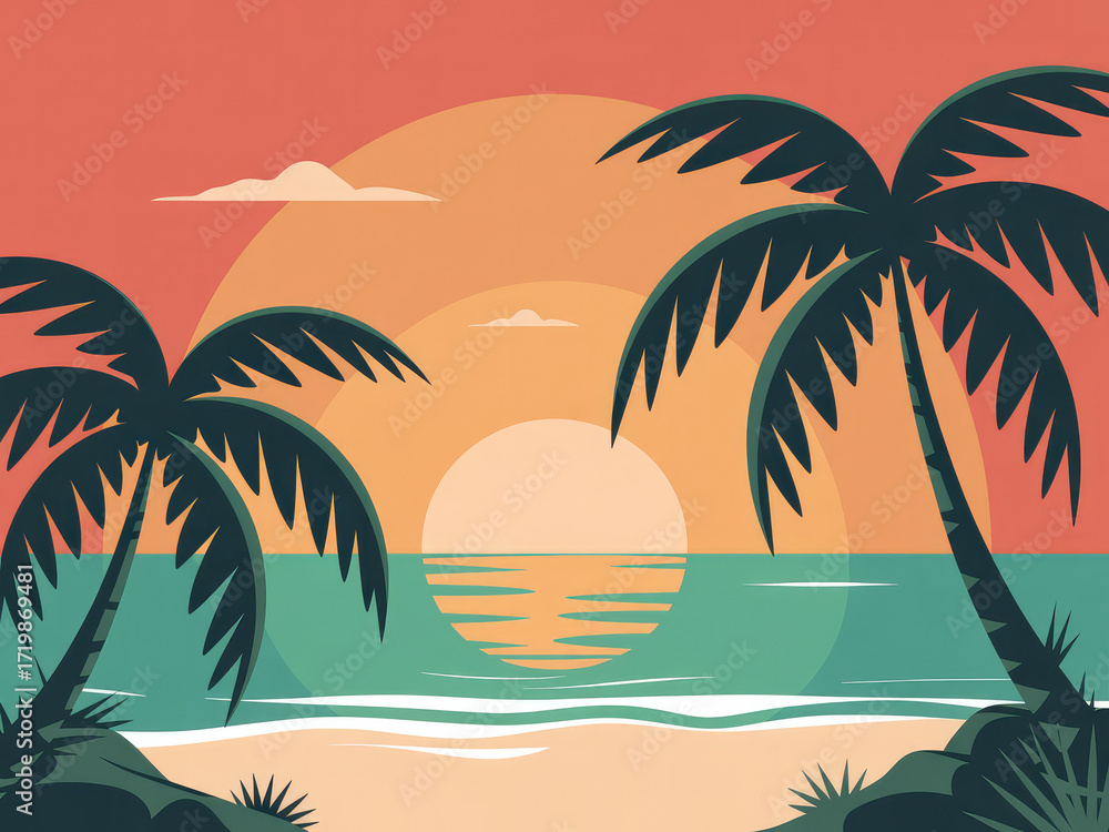 Obraz premium Tropical sunset beach with palm trees, ocean waves and orange sky, summer holiday seascape illustration, relaxing tropical paradise landscape for travel, vacation and nature background