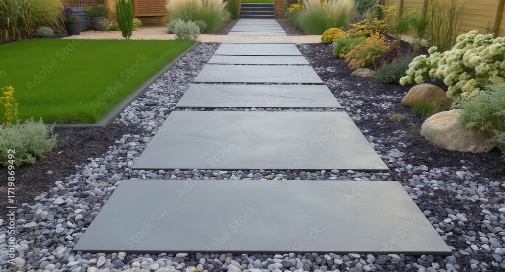 Obraz premium Gray stone pathway through landscaped backyard