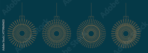 Thin line Christmas tree wreath shape balls. Winter holiday decoration for tree, home decor bauble set. Boho style cute toys, vector frames