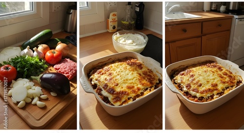 Moussaka Cooking Process Collage: Fresh Ingredients, Layering in Casserole, Final Baked Dish