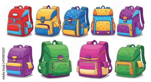 Vibrant collection of colorful school backpacks perfect for back to school promotions and educational resources for children