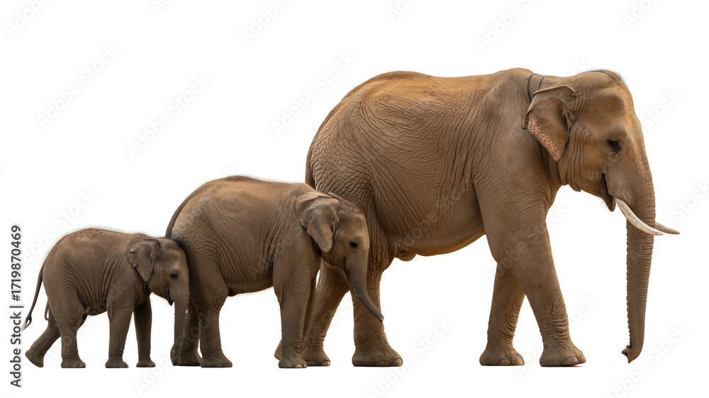 Obraz premium An elephant family, including a mother and two calves, walks in a line, isolated on white background, showcasing their bond and size
