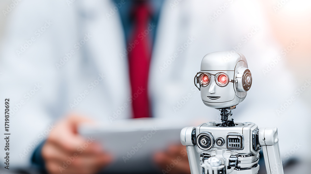 Fototapeta premium A small robot with red glowing eyes stands in front of a person in a lab coat holding a tablet.