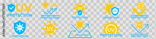 UV protection icon set. UV radiation icon. Ultraviolet symbol. Sun uv protection icons. Vector pictogram of sunscreen spf. Skincare illustration, sign for cosmetics packaging