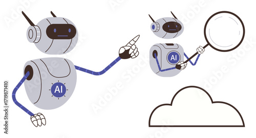 AI robots interacting with cloud data one pointing forward, another analyzing with a magnifying glass. Ideal for technology, machine learning, data analysis, automation, cloud computing, research