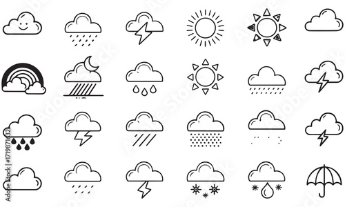 
Minimalistische Wetter Icons – Sonne, Regen, Wolken, Schnee & Blitz Symbole