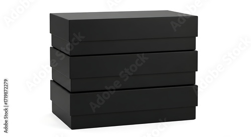 A stack of three identical black rectangular boxes, presented in a studio setting against a white background.