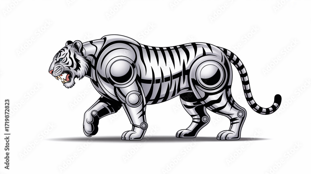 Fototapeta premium A striking illustration of a robotic tiger with metallic stripes and joints, standing out against an isolated on white background