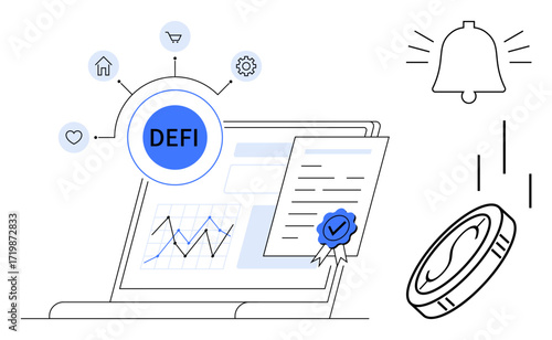 Digital finance ecosystem showcasing a DeFi hub with a laptop, stats graph, financial certificate, token, and notification bell. Ideal for blockchain, fintech, investment, decentralization