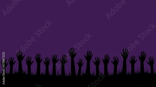 Halloween Silhouette of hands rising from the ground against a dark purple background in a spooky copy space