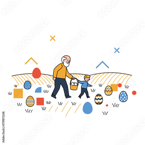 Grandfather and grandson hunting Easter eggs in a colorful field  