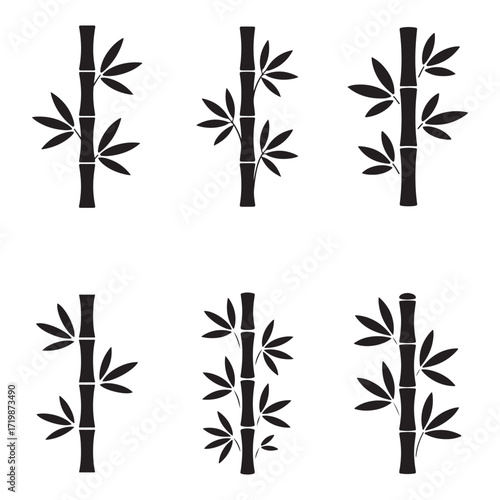 Collection of stylized bamboo stalks and leaves silhouette isolated on white background